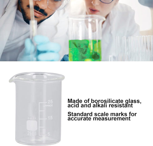 10PCS Glass Beakers Set, 25mL Graduated Measuring Beaker, Thick Walled Experiment Beaker Cups with Scale, Transparent Measuring Cup for Laboratories, Industries, Schools & Home Use