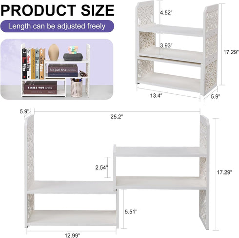 EARTHSON Desk Organizer Shelf, Expandable Bookshelf for Desk, Small Desktop Bookshelf, Mini Cute White Adjustable