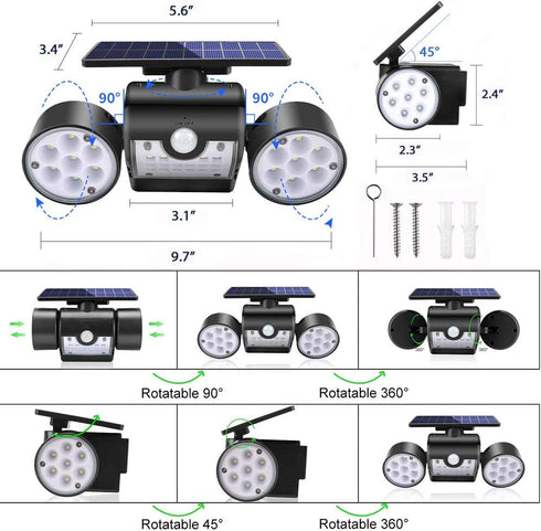 Solar Lights Outdoor - Motion Sensor Security Lights with Dual Head Spotlights for Garden Garage Patio