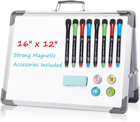 Small Dry Erase White Board, TSJ OFFICE 12" x 16" Mini Easel Desktop Double Sided Magnetic Board