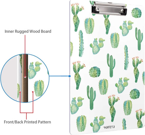 WAVEYU Cute Decorative Clipboard, Cactus Design with Low Profile Clip, Letter Size (12.5"x9"), Retractable Key Hole for