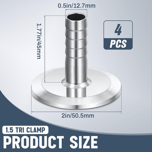 4 Pcs 1.5" Tri Clamp to 0.5" Hose Barbed Adapter 304 Stainless Steel Sanitary Hose Barb Pipe Fitting 50.5 mm Barbed Hose Fittings Sanitary Fittings