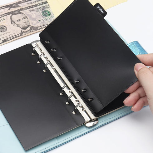 Black A6 Cash Envelopes, 12pcs Zippless Budget Binder Pocket with Index Divider and 2pcs Tabs Stickers for Cash Stuffing