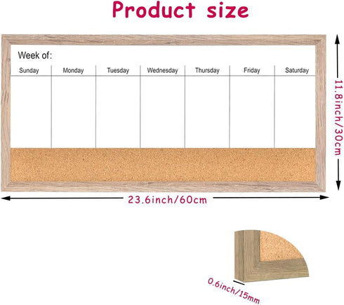 Magnetic Weekly Dry Erase White Board and Cork Board, Rustic Brown Wood Frame for Home Office and Wall Decor