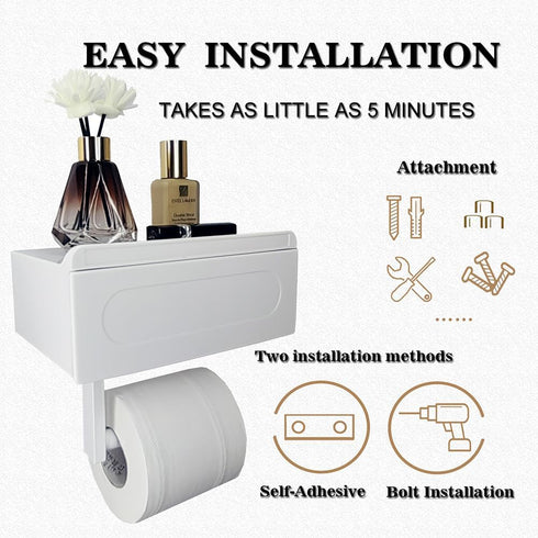 Generic Toilet Paper Holder with Built-in Storage Drawer | Glossy Plastic Bathroom Organizer | Dual-Mount