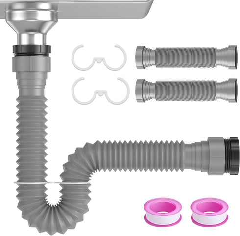 2 Packs Expandable Flexible P-Trap Pipe Kit (1 1/2" or 1 1/4") for Kitchen Sink Drainage Solution