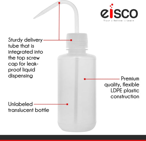 EISCO Wash Bottle, 500ml, Low Density Polyethylene, Translucent and Unbreakable with Leak-Proof Delivery Tube