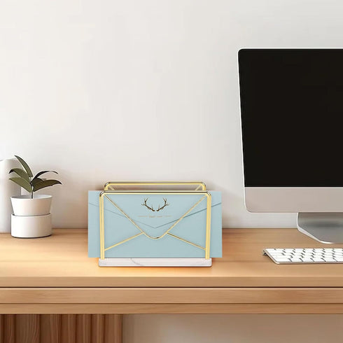 Modern Mail Holder for Home Office, Metal Letter Organizer Sorter for Desk, Marble Base, Envelope Storage Rack