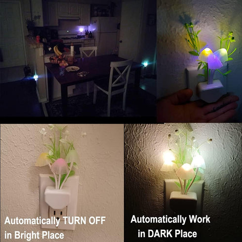 4Pack AUSAYE Sensor LED Plug in Night Light for Adults Kids , Color Changing Cute Mushroom Flower Wall Lamp