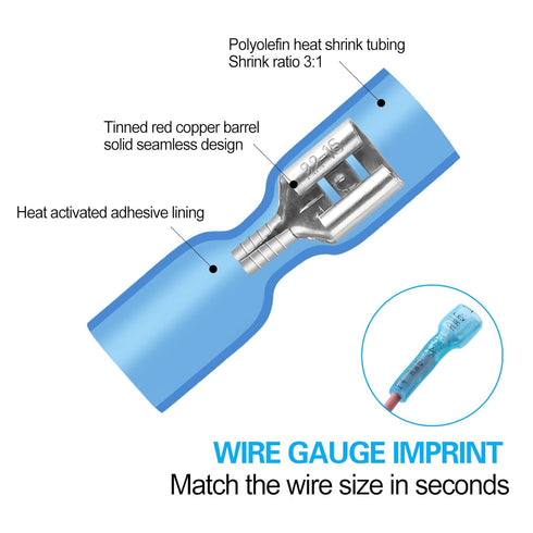 100 PCS 16-14 AWG Waterproof Heat Shrink Quick Disconnect Connectors, Crimp Electrical Wire Female Spade Connectors