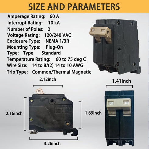 2-Pole 60 Amp Circuit Breaker, Type 3/4-Inch Plug-On, Thermal Magnetic Protection, 120/240V