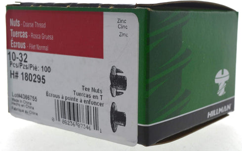 180295 10-32 Pack 100 Hillman Pronged Tee Nut, , of , Zinc