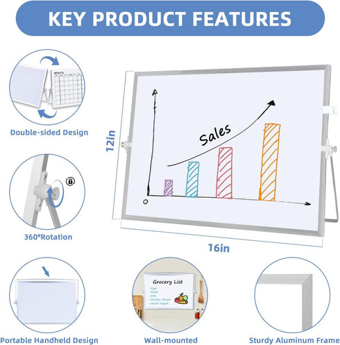 Dry Erase White Board, 16 x 12 inches Double-Sided Magnetic Monthly Planner with Stand for Kitchen, School
