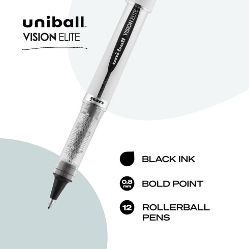 uni-ball Vision Elite Rollerball Pens, Bold Point 0.8mm, Black, 12 Pack