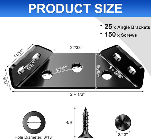 25PCS 150 MAPVOLUT Corner Brackets for Wood with Screws, Premium Black Metal Furniture Corner Connector Shelf Brackets