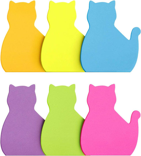 Cat Shape Sticky Notes, 6 Color Bright Colorful Sticky Pad, 75 Sheets/Pad, Self-Sticky Note Pads (6 Pads)