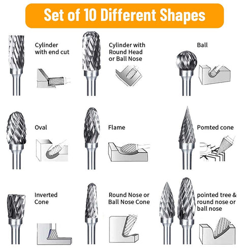 Double Cut Tungsten Carbide Carving Bits, 10 Pcs Rotary Burr Set for DIY Woodworking
