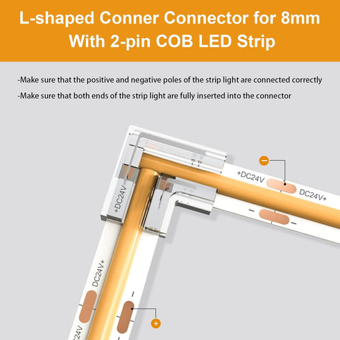 20pcs COB LED Light Strip Connectors 8mm 2Pin,Strip to Strip L-Shaped/Corner Connector LED Tape Light Connectors, Transparent Solderless Gapless No Dark Area for DIY COB/SMD Strip Lights by VISDOLL
