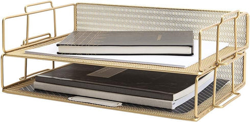 BLU MONACO | Paper Tray Stackable Gold Mesh Set of 2 |