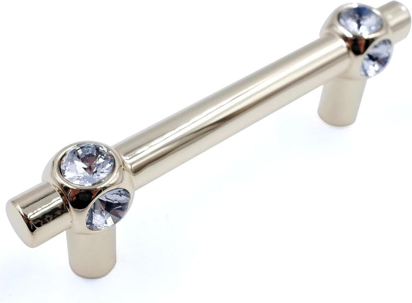 JETLAND Cabinet Drawer Crystal Pulls, 4-Pack, Golden with Clear Glass, 3" Hole Centers,