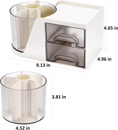 Rotating Desk Organizer with 2 Drawers, Pencil Pen Holder with 4 Compartments for Office, Home, White