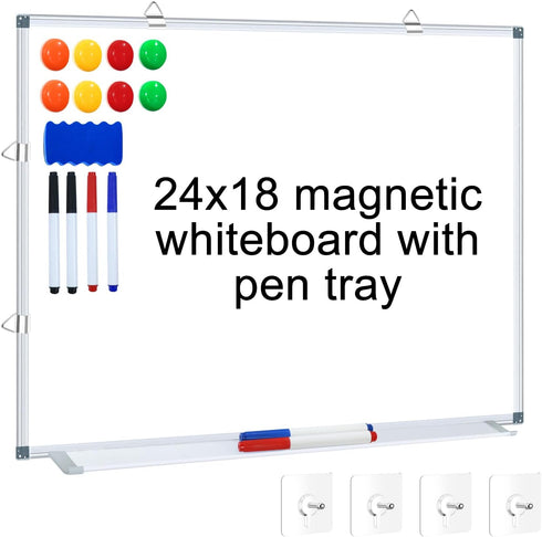 H-Qprobd Magnetic Whiteboard, 24" x 18" Dry Erase Board - Hanging Mounted Whiteboard with Aluminum Marker Tray
