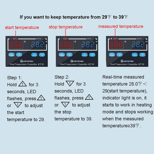 Digital Dual Temperature Controller 120V, Fahrenheit Thermostat 10A with 2 Waterproof Probes, Heating Cooling Switch