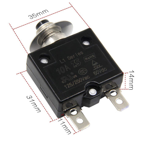 Push Button Thermal Circuit Breaker 10A L1 Series 125-250V AC 50V DC Manual Reset