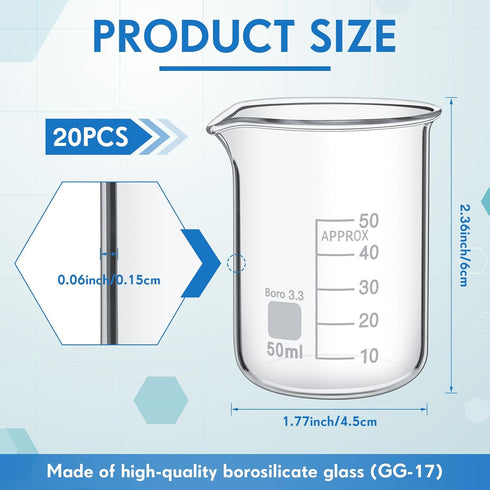 20 Pcs 50 ml Beaker, Low Form Griffin High Borosilicate Glass Measuring Beakers for Laboratories, Home Use