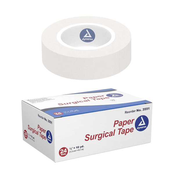 Dynarex Paper Surgical Tape, 1/2” x 10 yds, 24 Rolls, White, First-Aid Kit Essential