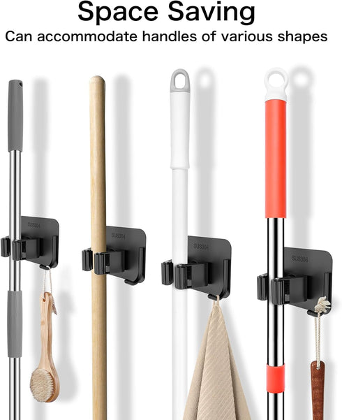 4 Pack nacena No Drill Self Adhesive Broom Mop Holder Wall Mount with Hooks, Heavy Duty Stainless Steel Organizer
