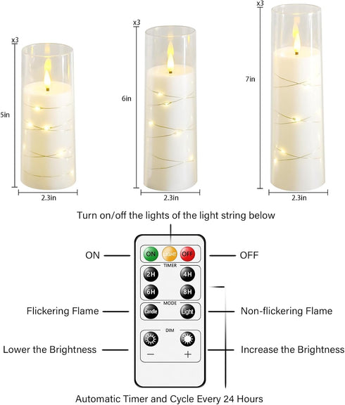 9 Nimiko Flickering Flameless LED Candles, Pcs with Embedded Star String, Acrylic LED Pillar Candles with Remote
