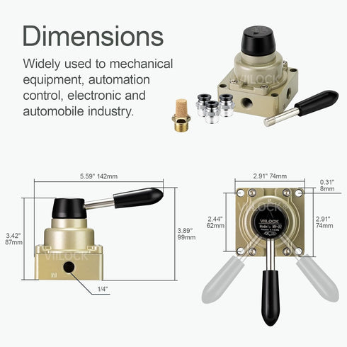 Pneumatic Hand Valve HV-02: Rotary Lever 3 Position 4 Way 1/4" NPT Air Control Flow Valve