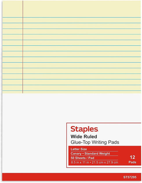 8.5 11, 50 24/Carton STAPLES Notepads, x Wide Ruled, Canary, Sheets/Pad