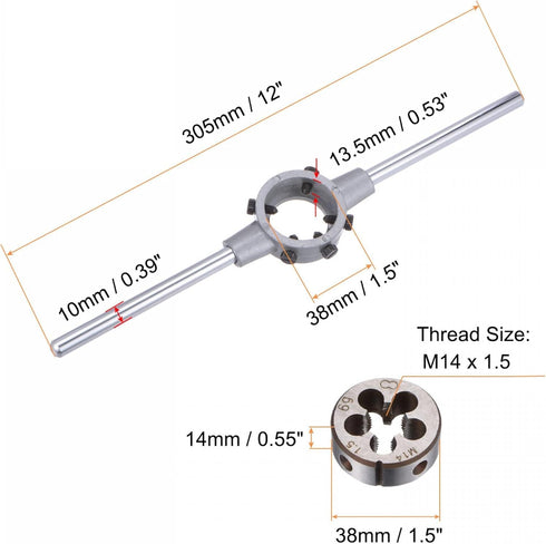 uxcell Die Stock Handle Wrench Set, M14 x 1.5 Threading Round Die and 38mm (Fit M12-M16 Dies) Holder Adjustable Wrench Hand Tool by uxcell
