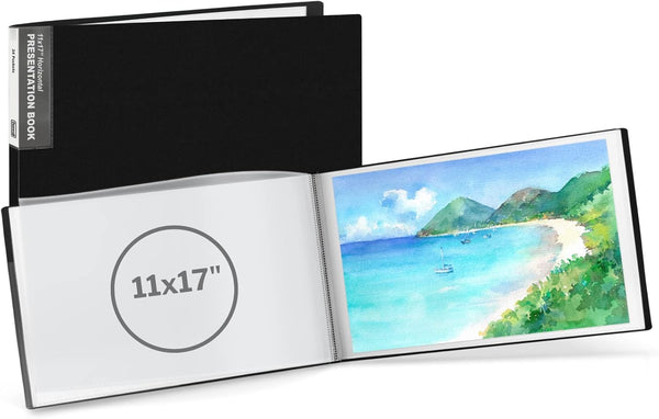 Dunwell 11x17 Portfolio Binder Folder (Black, Horizontal) with Plastic Sleeves, 24 Pockets, Large Art Presentation Book