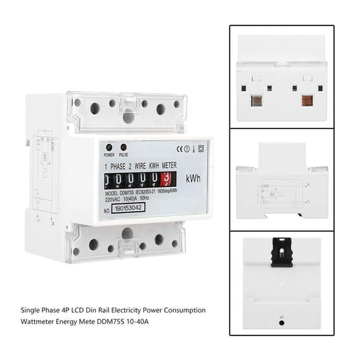Electric Meter, KWh Meter, Single Phase 4P LED DIN-rail Power Consumption Wattmeter Energy Meter, 10-40A