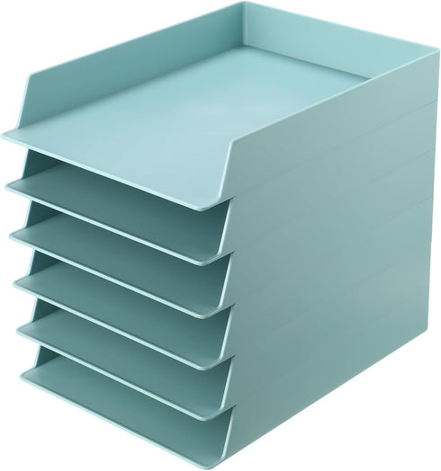 Tatuo 6 Pack Stackable Paper Trays, Plastic Letter Tray Desk Organizer for Classroom, Magazine File Documents, Blue