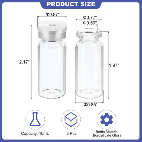 PATIKIL 10ml Sample Vials, 8 Pack Lab Empty Vials with Butyl Rubber Stopper and Crimp Top Caps Borosilicate Glass Vial, Transparent