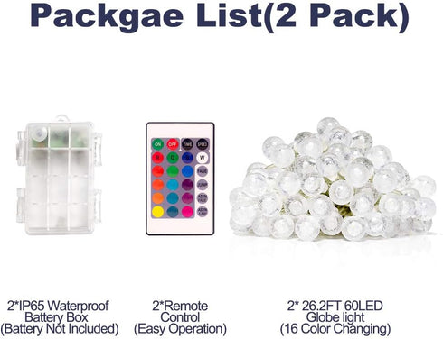 Operated2 Pack 26.2FT 60 16 Coloured Globe String Lights Battery LED Colour Changing Water Proof Crystal Ball Outdoor