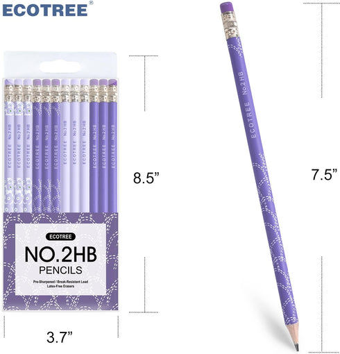 ECOTREE #2 HB Pencils, Pre-sharpened with Eraser, 12 Pack for Kids, School, Office
