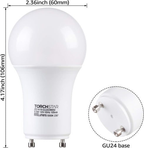 TORCHSTAR Dimmable GU24 Base LED Light Bulb, 800lm A19 Shape, 5000K Daylight, Pack of 2