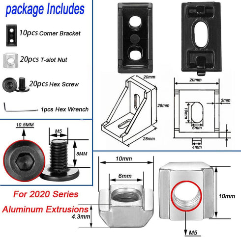 10Sets 2020 Corner Bracket Connectors for 2020 Series 6mm Slot Aluminum Extrusion Profile Accessories(Black)