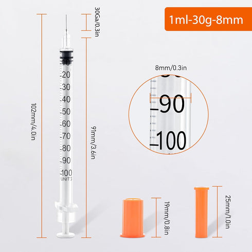 U 100 1ml 30 Gauge 1cc 5/16 inch 8mm Lab Disposable Dispensing Supplies, 100Pack