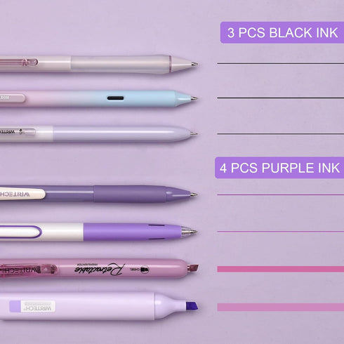 WRITECH Gel Pens Journaling Highlighters: Journal Set Aesthetic Assorted Pastel Color Ink 0.5mm Fine Point Retractable 0.7mm Black Pen Smooth Writing Drawing No Bleed 7ct (Purple) by WRITECH