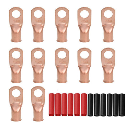 12PCS 2x3/8 Copper Ring Terminal Connectors, 2 AWG Heavy Duty Battery Cable Ends with 12 PCS 3:1 Heat Shrink Tubing for