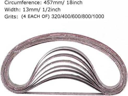 1/2 inch x 18 inch Sanding Belts - 20 Pack Fine Grits for Woodworking, Metal Polishing