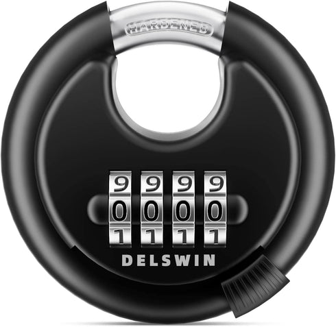 DELSWIN 4 Digit Combination Disc Padlock with Hardened Steel Shackle for Sheds, Storage Units, School Gym Lockers