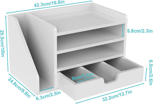 Multi-Tier Wood Desk File Organizer with Side File Rack, 3 Tray Shelves & Adjustable Drawer for Office Setup