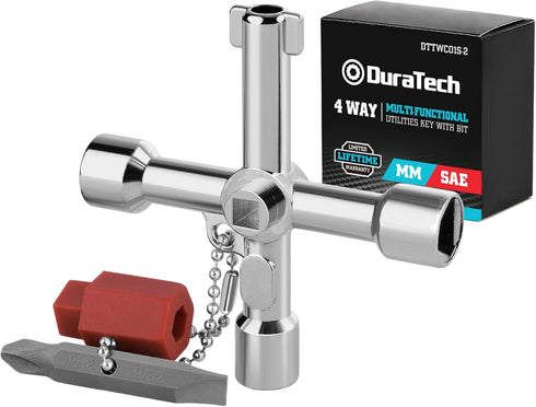 DURATECH 4 Way Sillcock Key with Bit, Multi-functional Water Key for Valve, Faucet, and Spigots